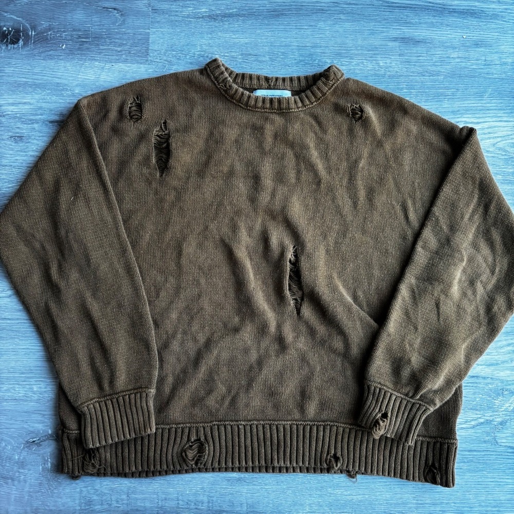 Urban Outfitters Distressed Brown Cotton Crewneck Sweater Women Size‎ M Casual